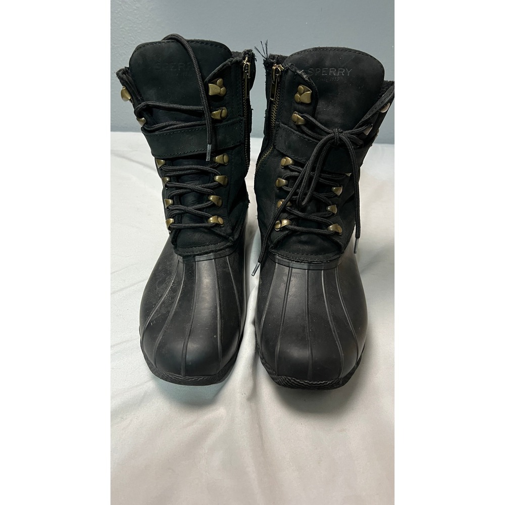 Sperry Saltwater Black Waterproof Duck Boots Women 9.5 STS83220 Side Zip Leather